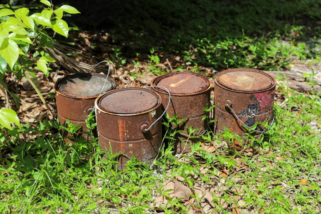Four rusty paint cans sit in vibrant green grass under sunlight.
