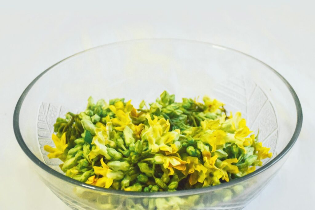 Green leaves in clear glass bowl