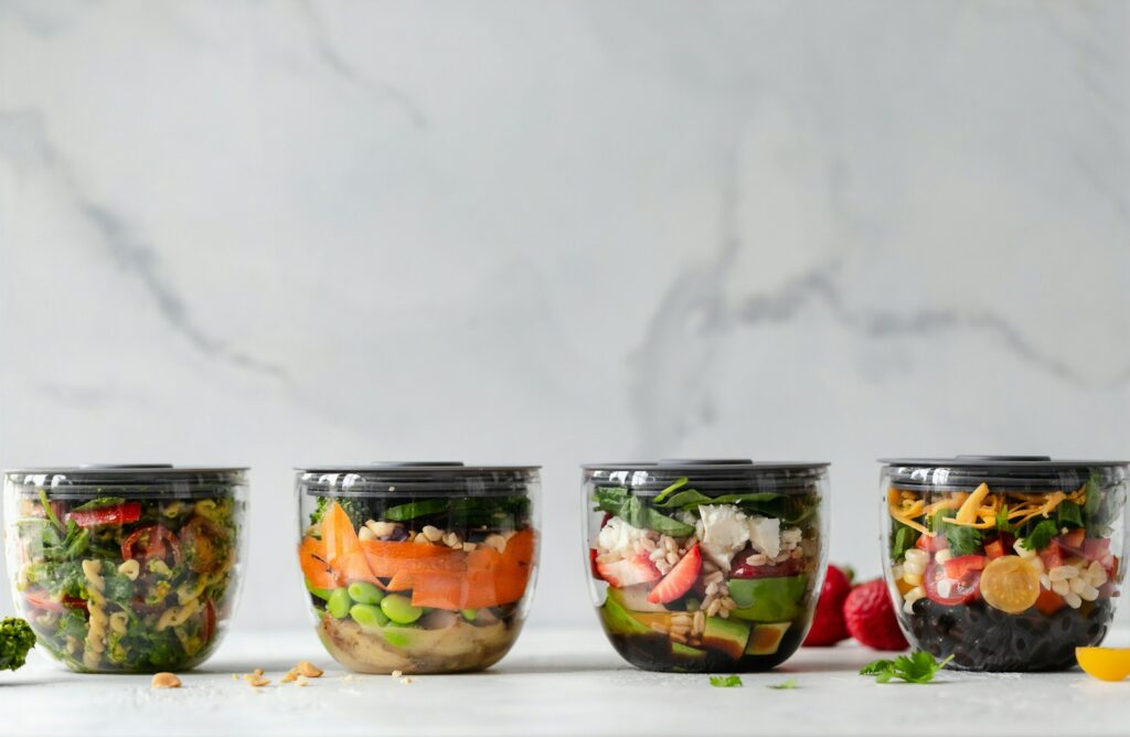 Four clear plastic bowls with vegetables