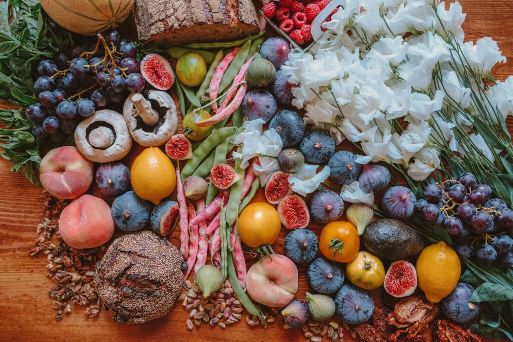 Assorted fruit and seasoning on table