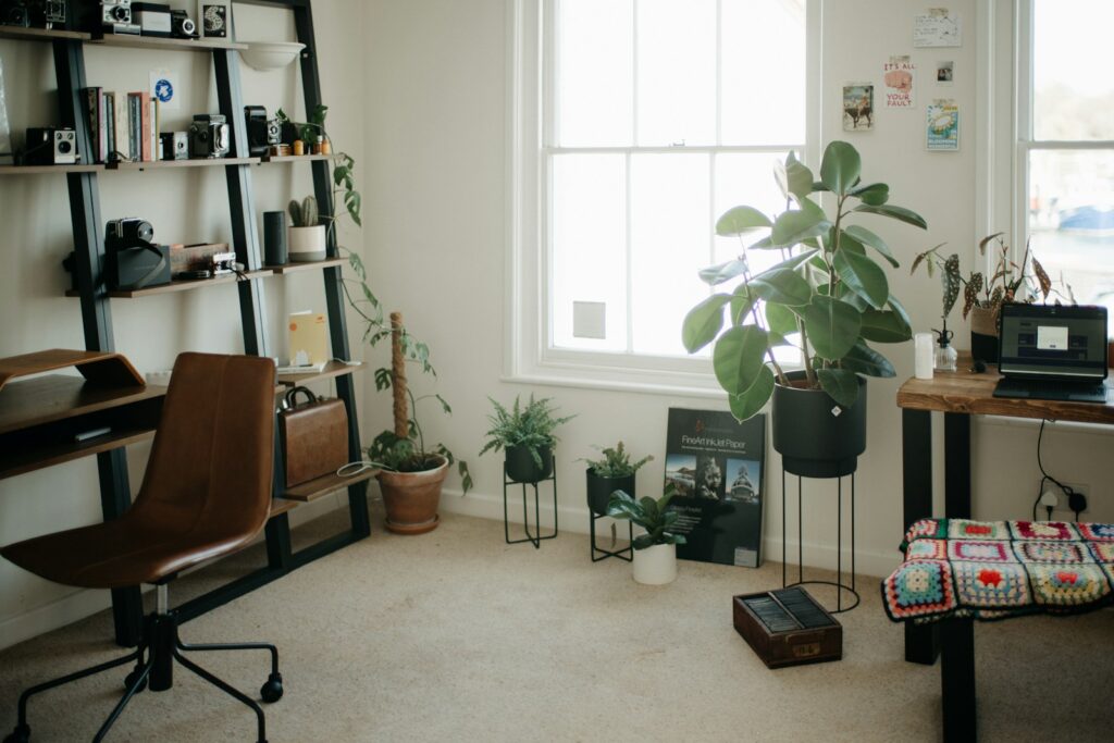 A room with a desk, chair, bookshelf and a potted plant