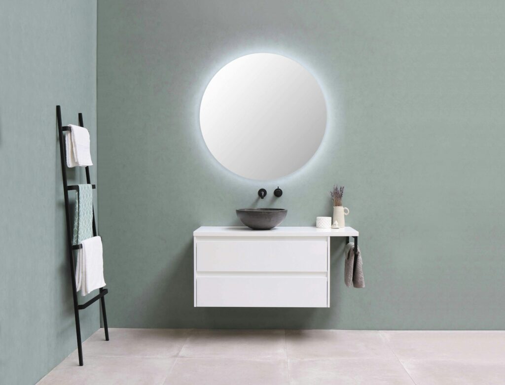 White wooden vanity sink with mirror