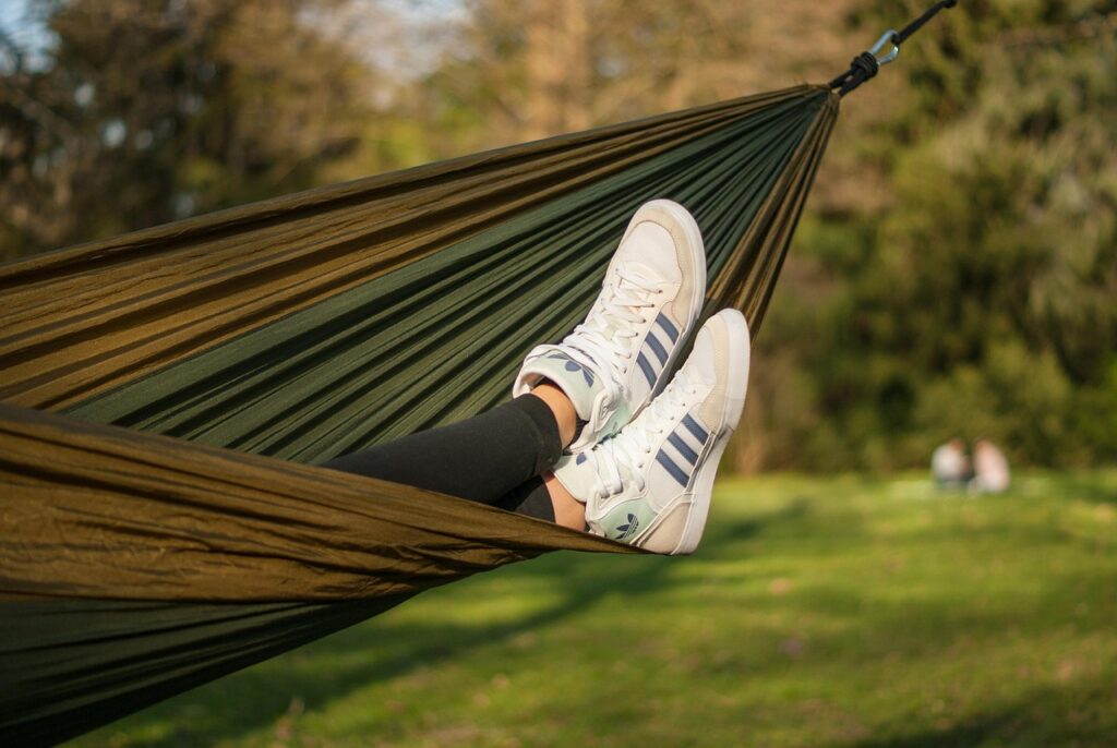 Hammock with sneakers.