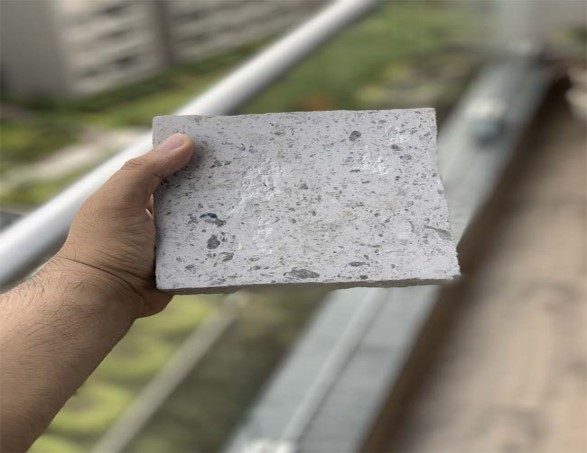 A person stands on a balcony, holding a small piece of brick made from plastic waste, contemplating its texture and weight in their hand.