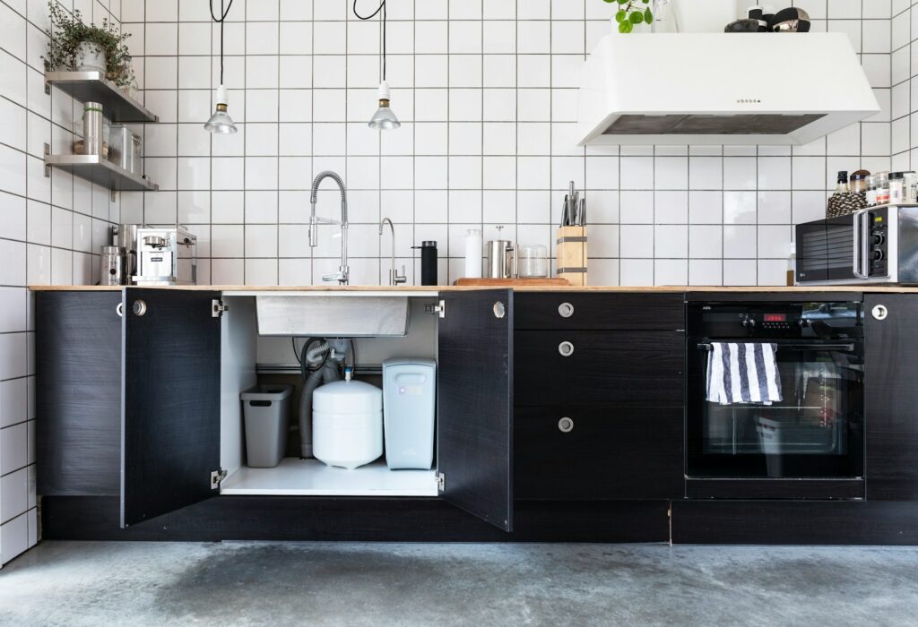 White and black kitchen cabinet.