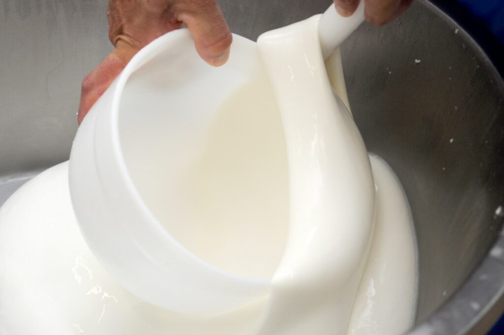 A person pouring milk into a metal bowl.