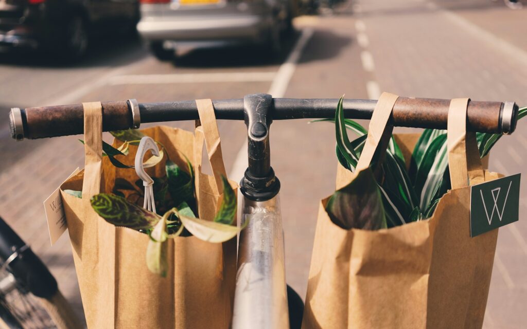 Two brown paper bags on bicycle handle bar.