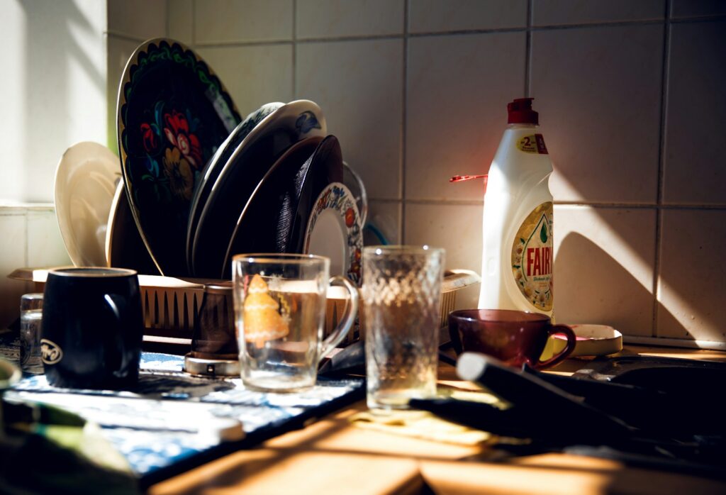 Two empty drinking glass and mug.
