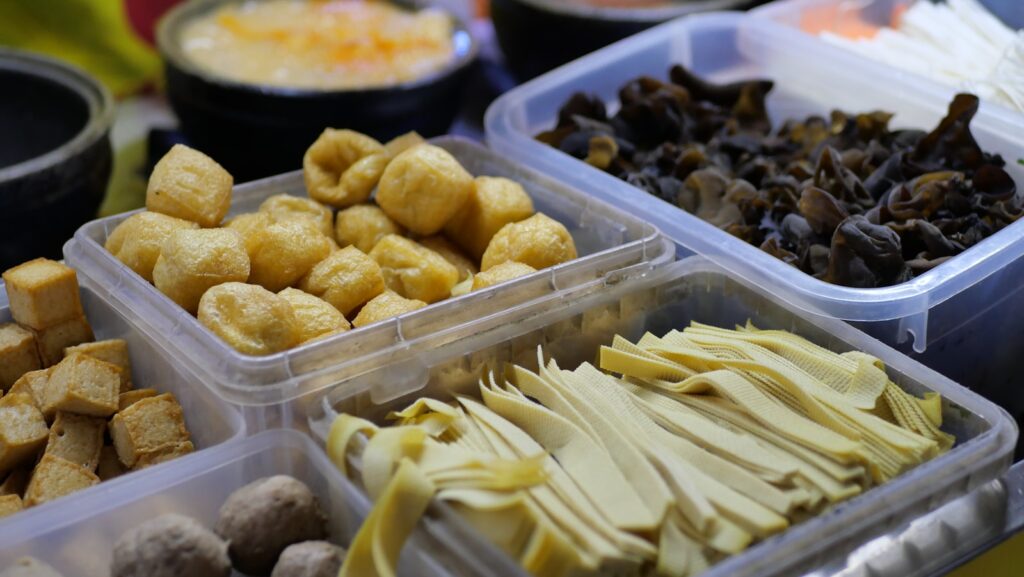 A close up of a tray of food on a table.