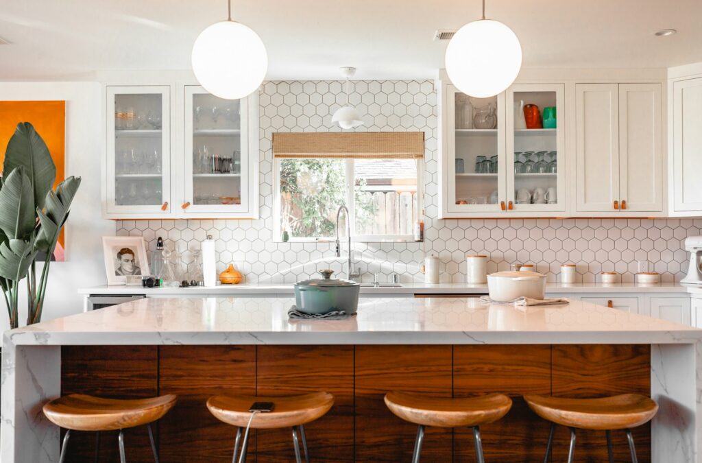 Four brown stools.