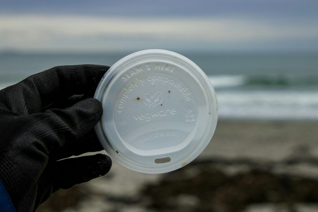 A hand holding a plastic cup with a beach in the background.