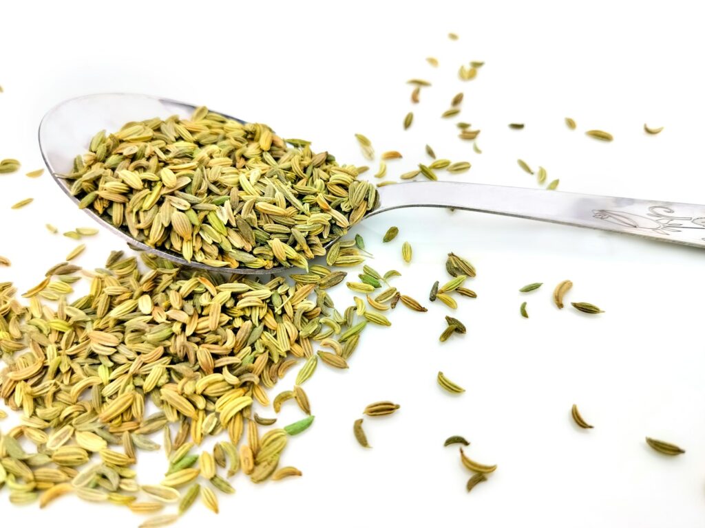 A spoon filled with fennel seeds on top of a white table.