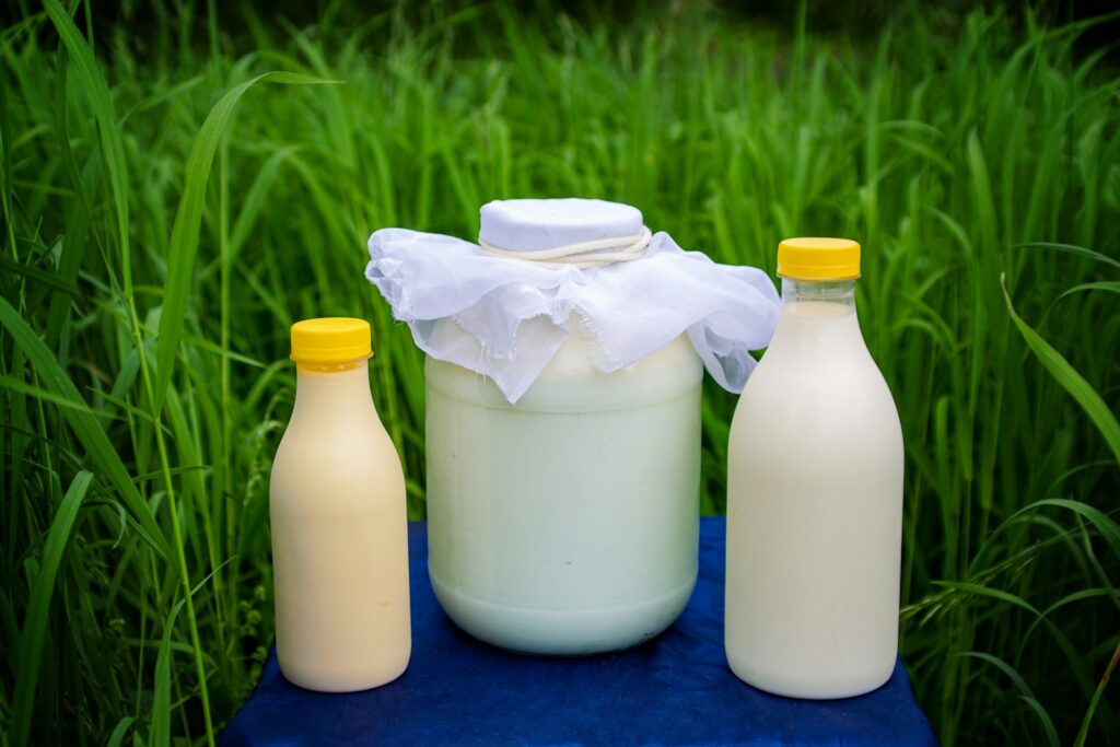 A bottle of plant made milk.
