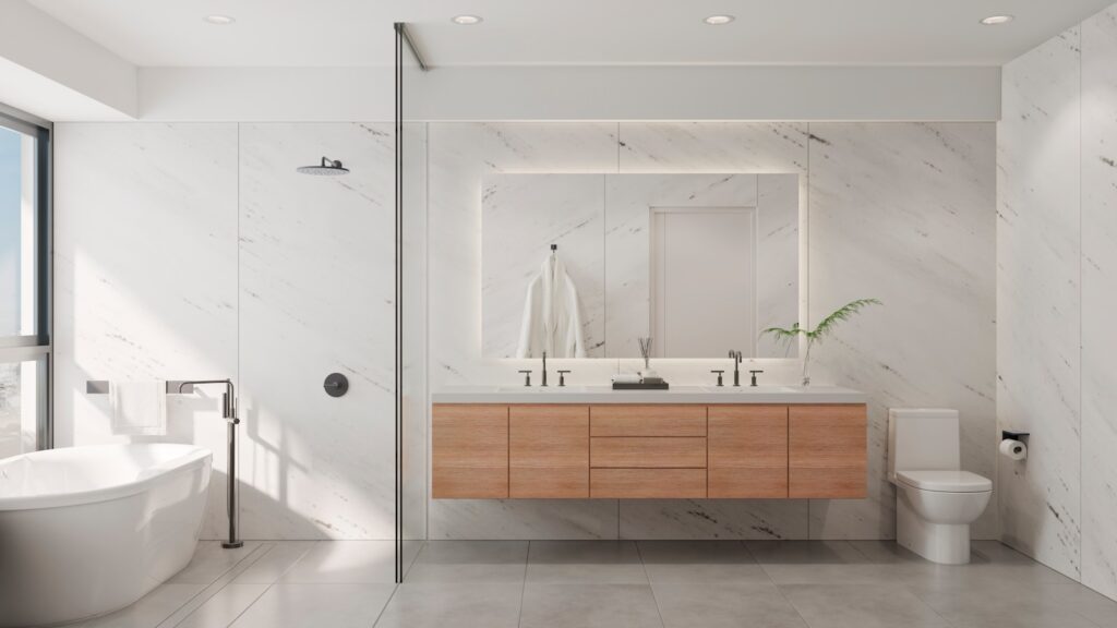 A bathroom with a tub, sink, and mirror