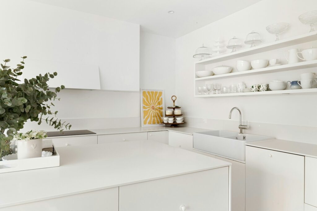 A white kitchen with a plant in the middle of the counter