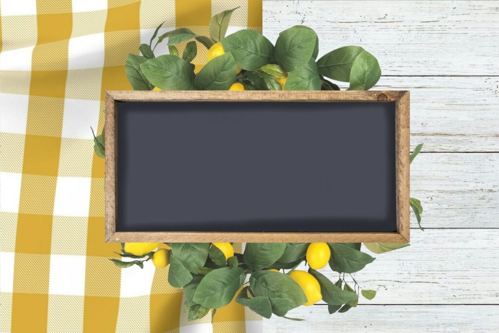 Chalkboard on yellow and white checkered textile